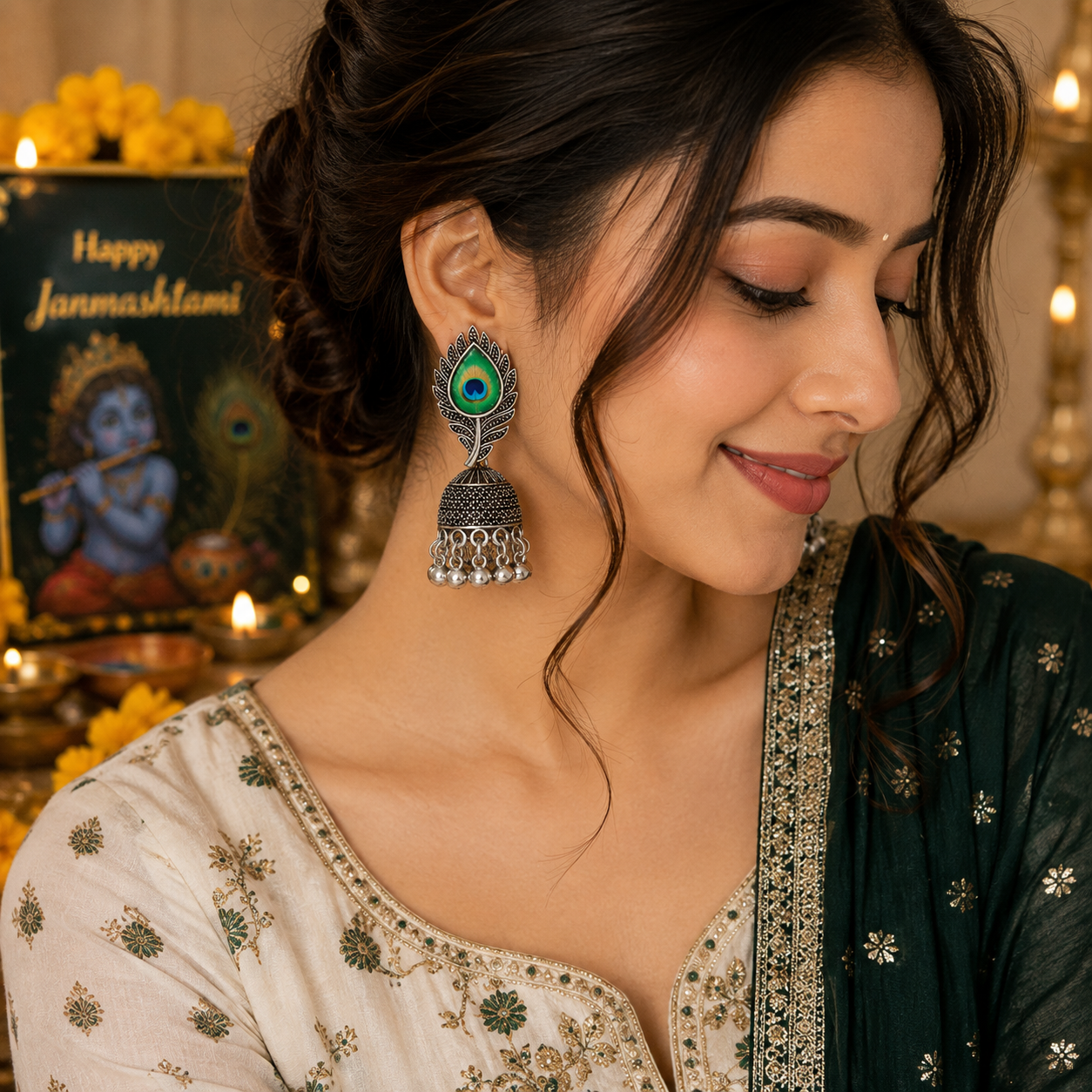 Emerald Peacock Jhumka | Janmashtami Special